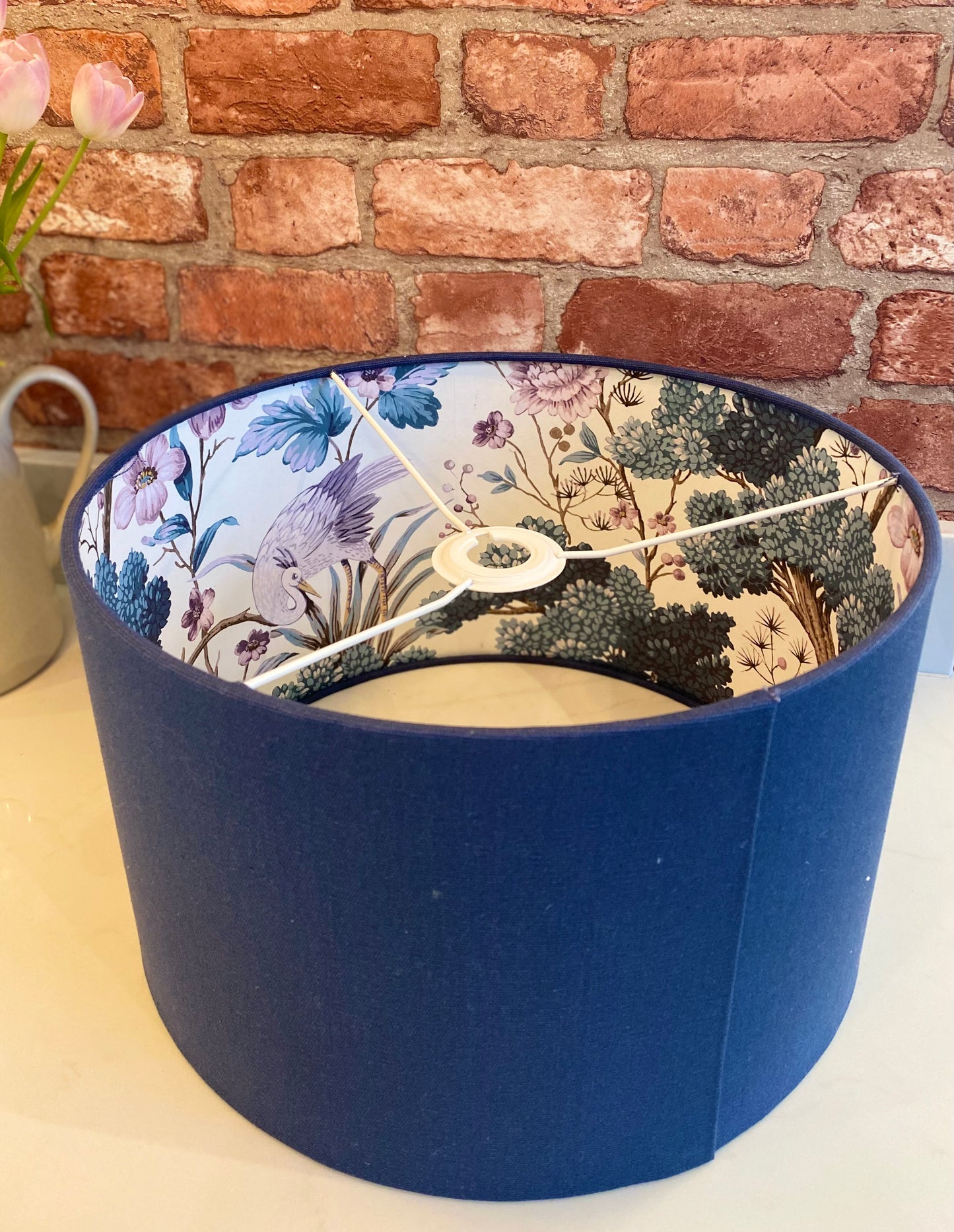 Dark Blue Linen Lampshade with Chinoiserie Bird Lining