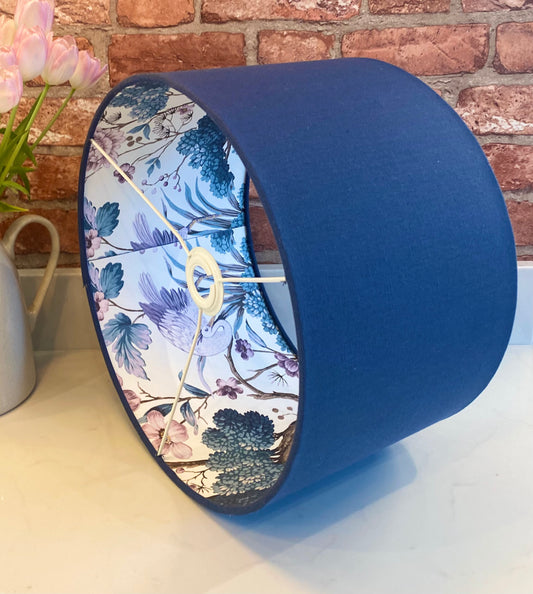 Dark Blue Linen Lampshade with Chinoiserie Bird Lining