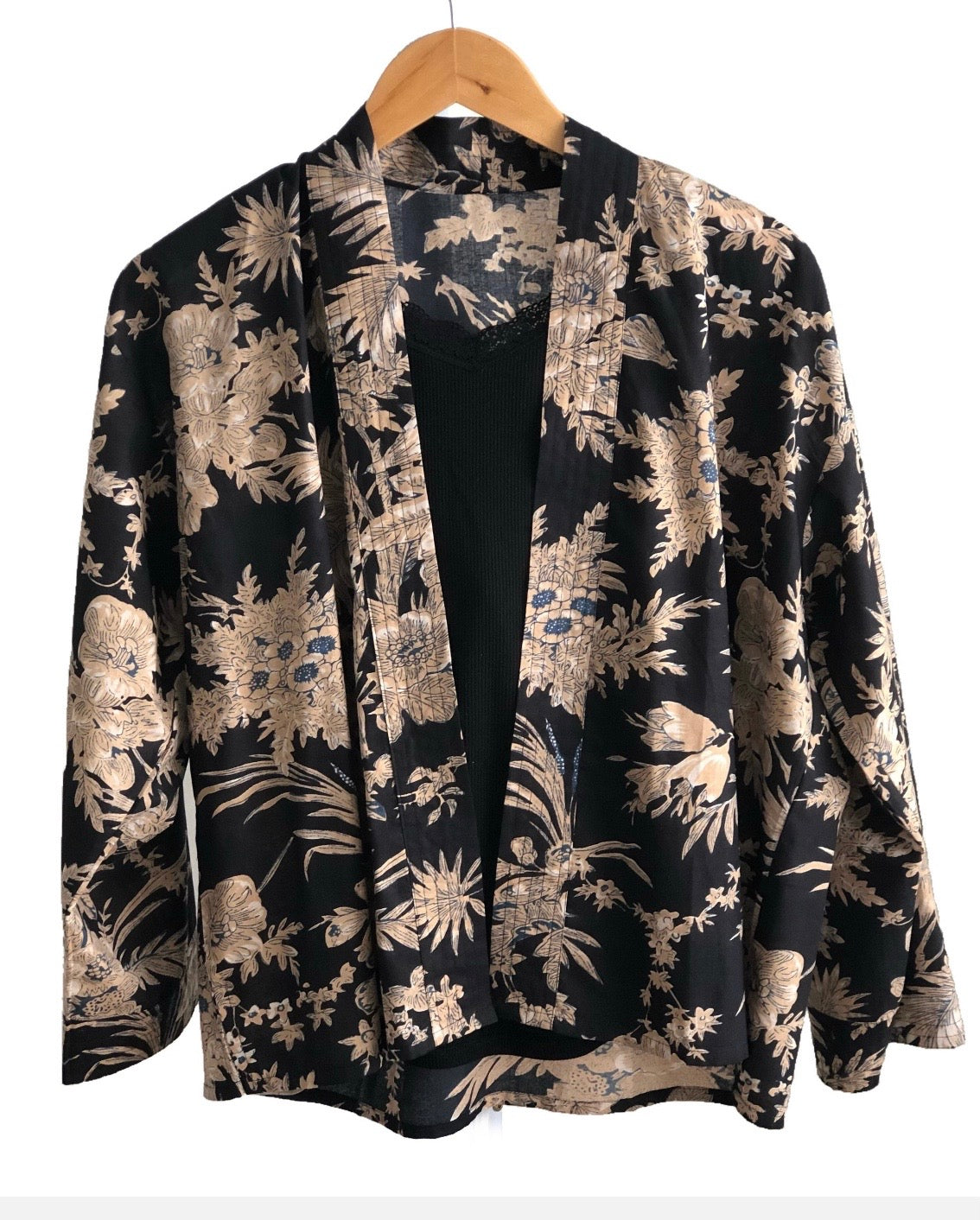 Black Kimono Jacket with Cream Flowers