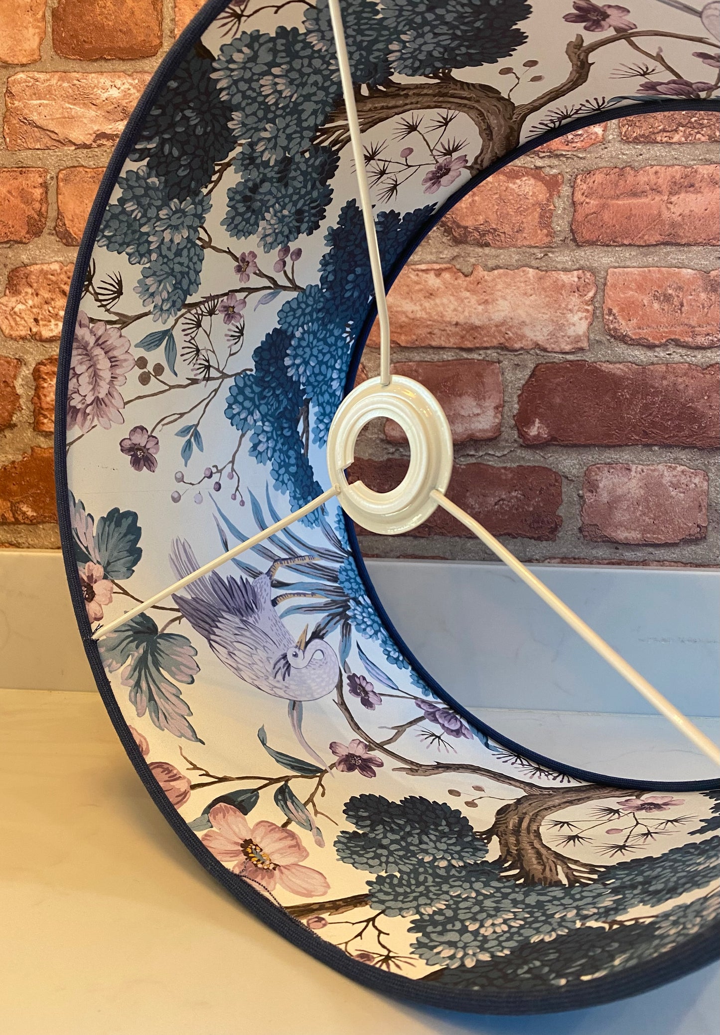 Dark Blue Linen Lampshade with Chinoiserie Bird Lining