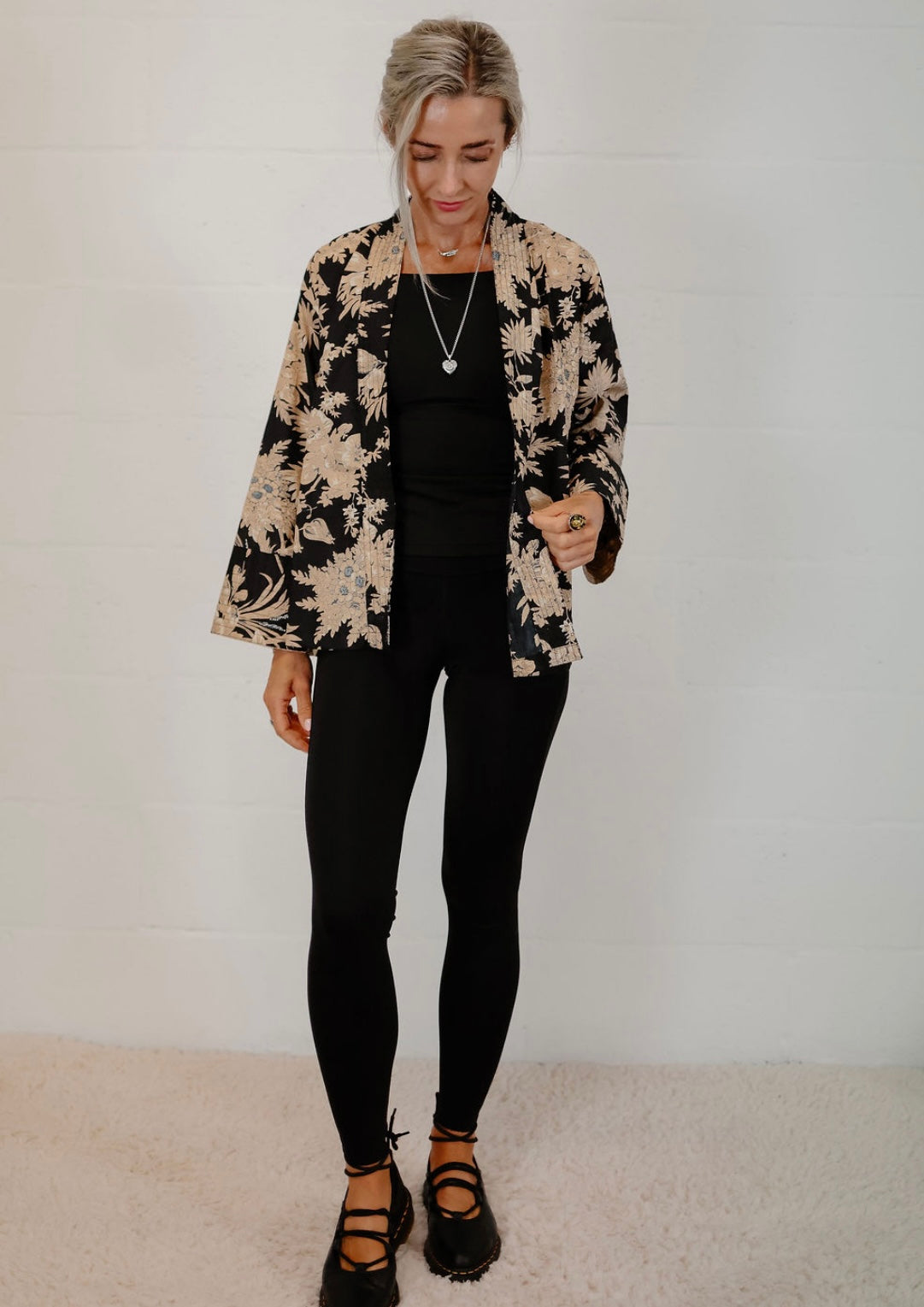 Black Kimono Jacket with Cream Flowers