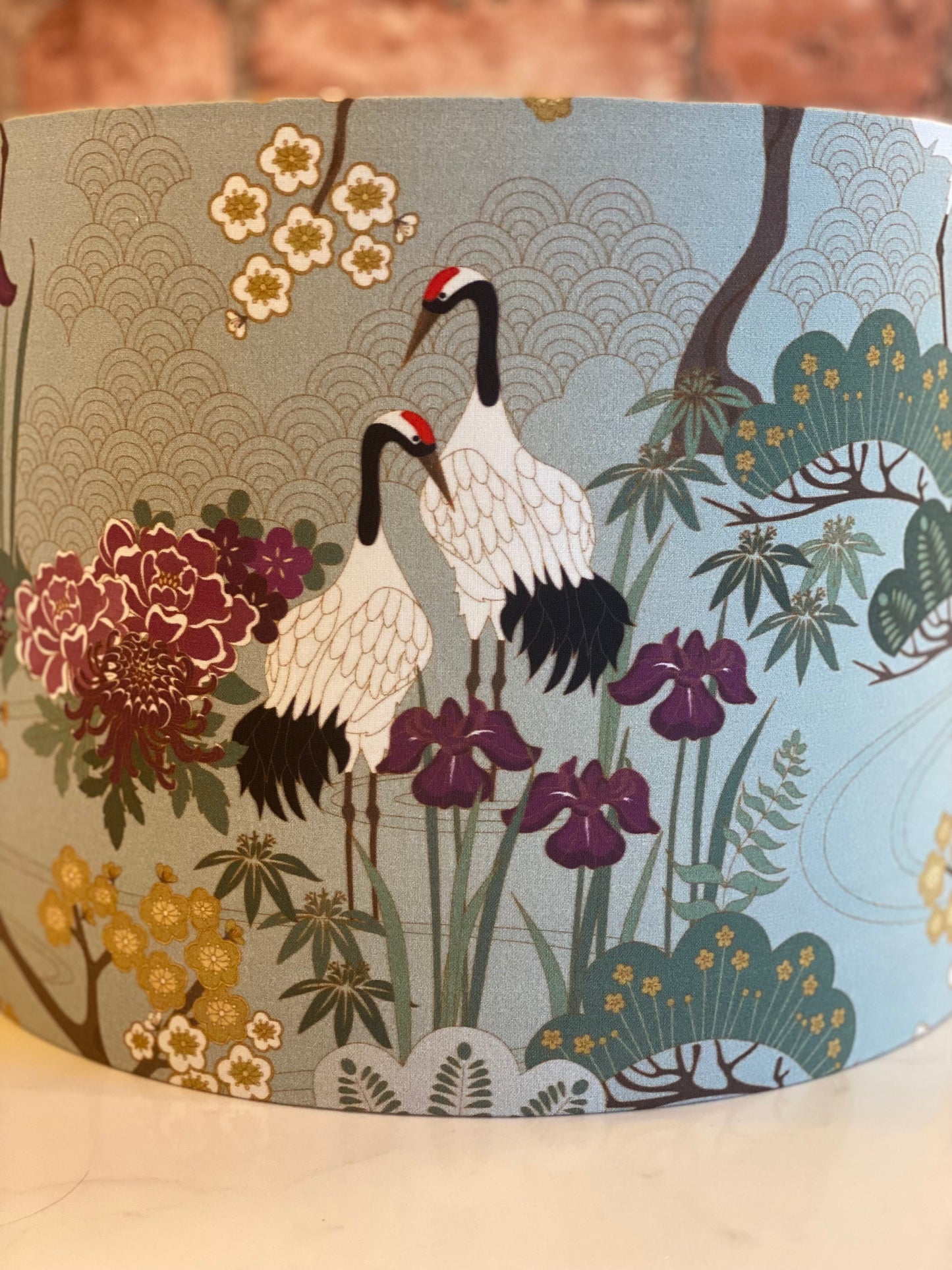 Sage Green Japanese Crane and Cherry Blossom Lampshade