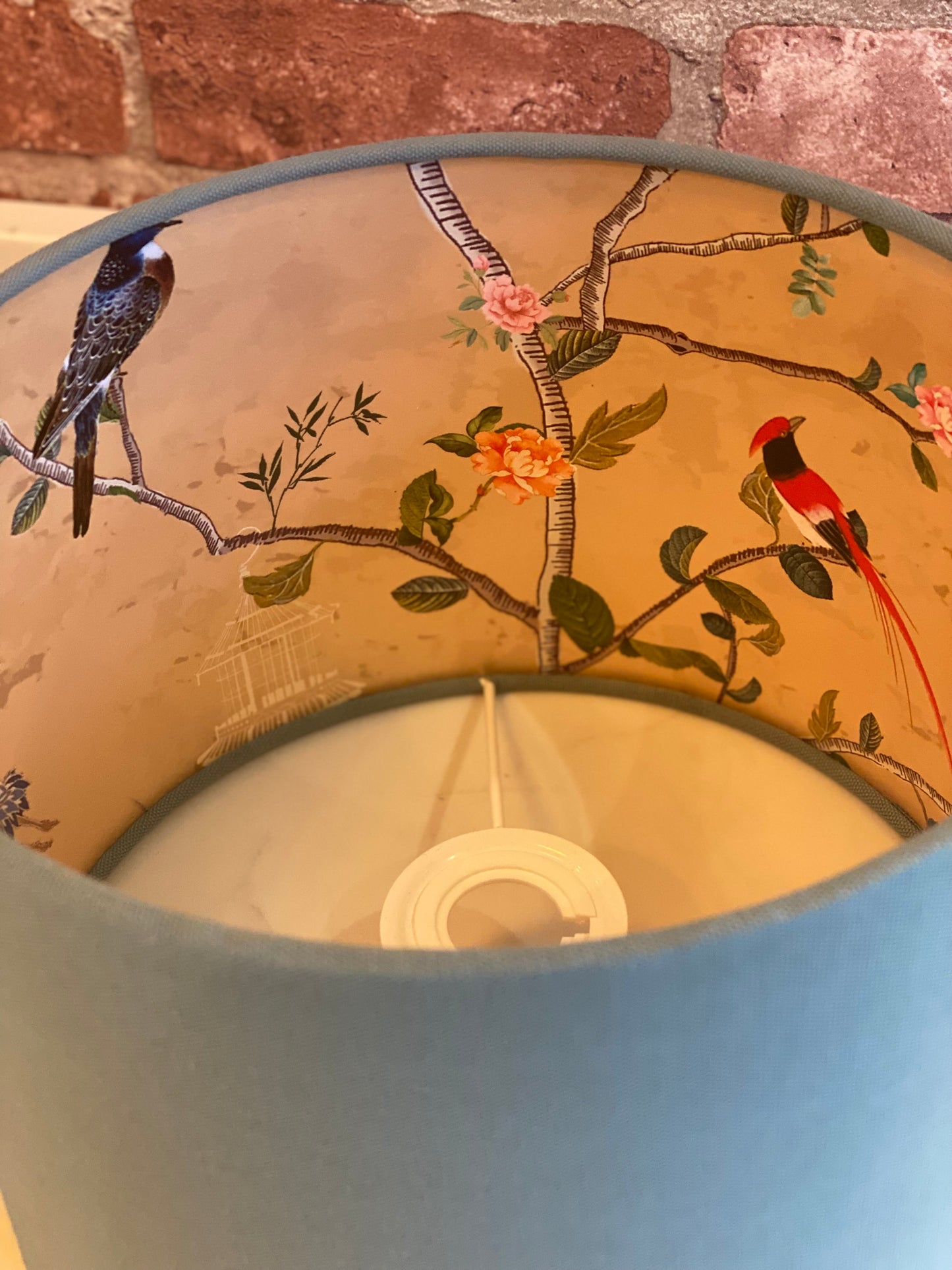 Pale Blue Lampshade with Gold Chinoiserie Bird Lining