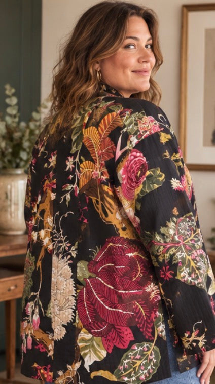 Plus Size Black Kimono Jacket - Long Cotton Jacket