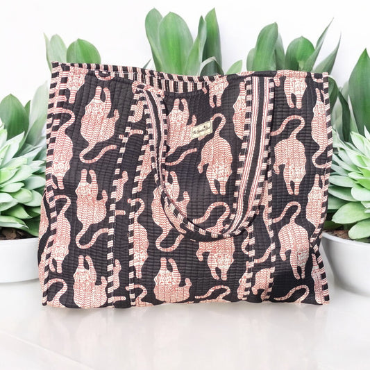 Black Tiger Quilted Tote Bag