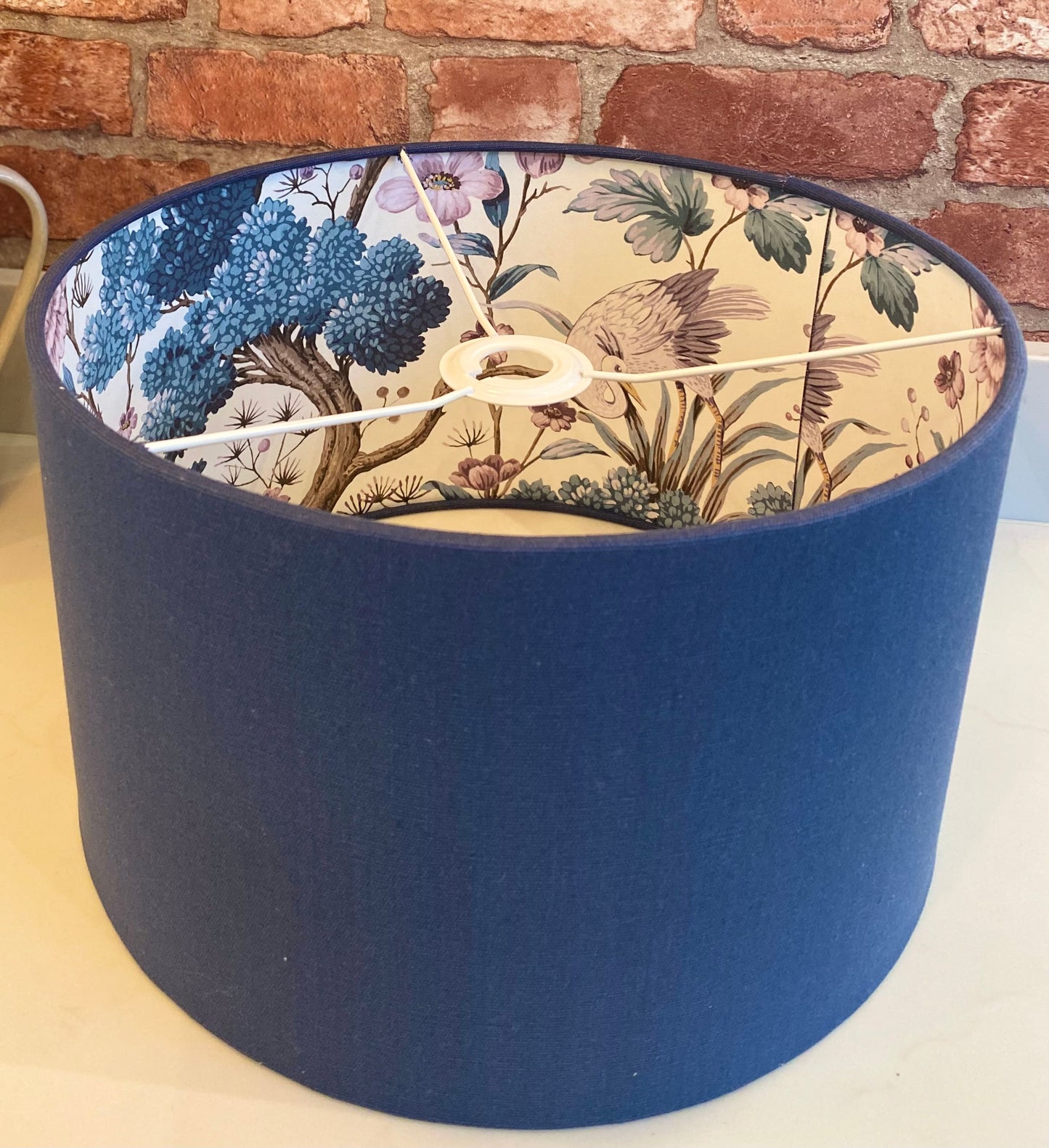 Dark Blue Linen Lampshade with Chinoiserie Bird Lining
