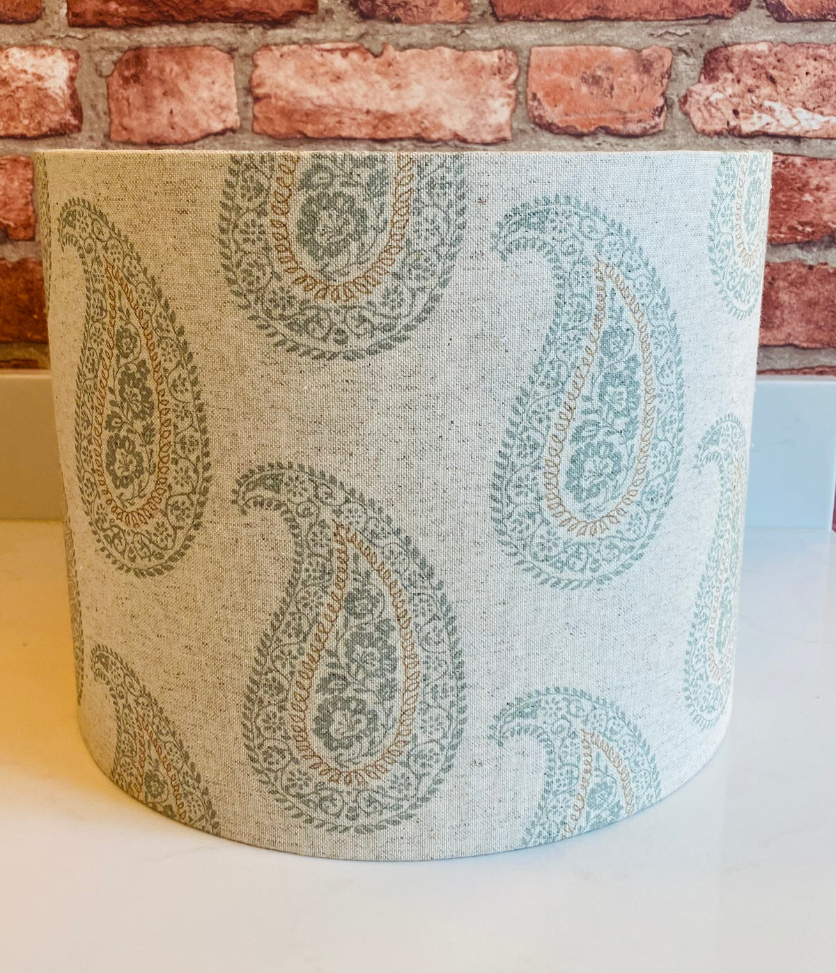 Block Print Linen Lampshade in Duck Egg Blue and Fawn with Brushed Gold Lining