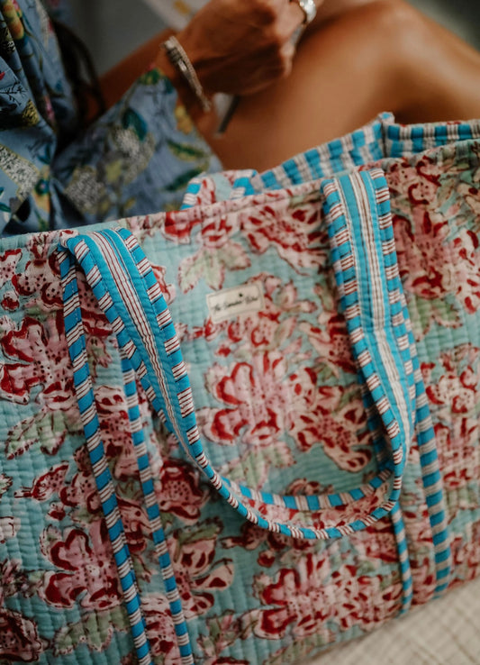 Turquoise and Pink Floral Quilted Tote Bag