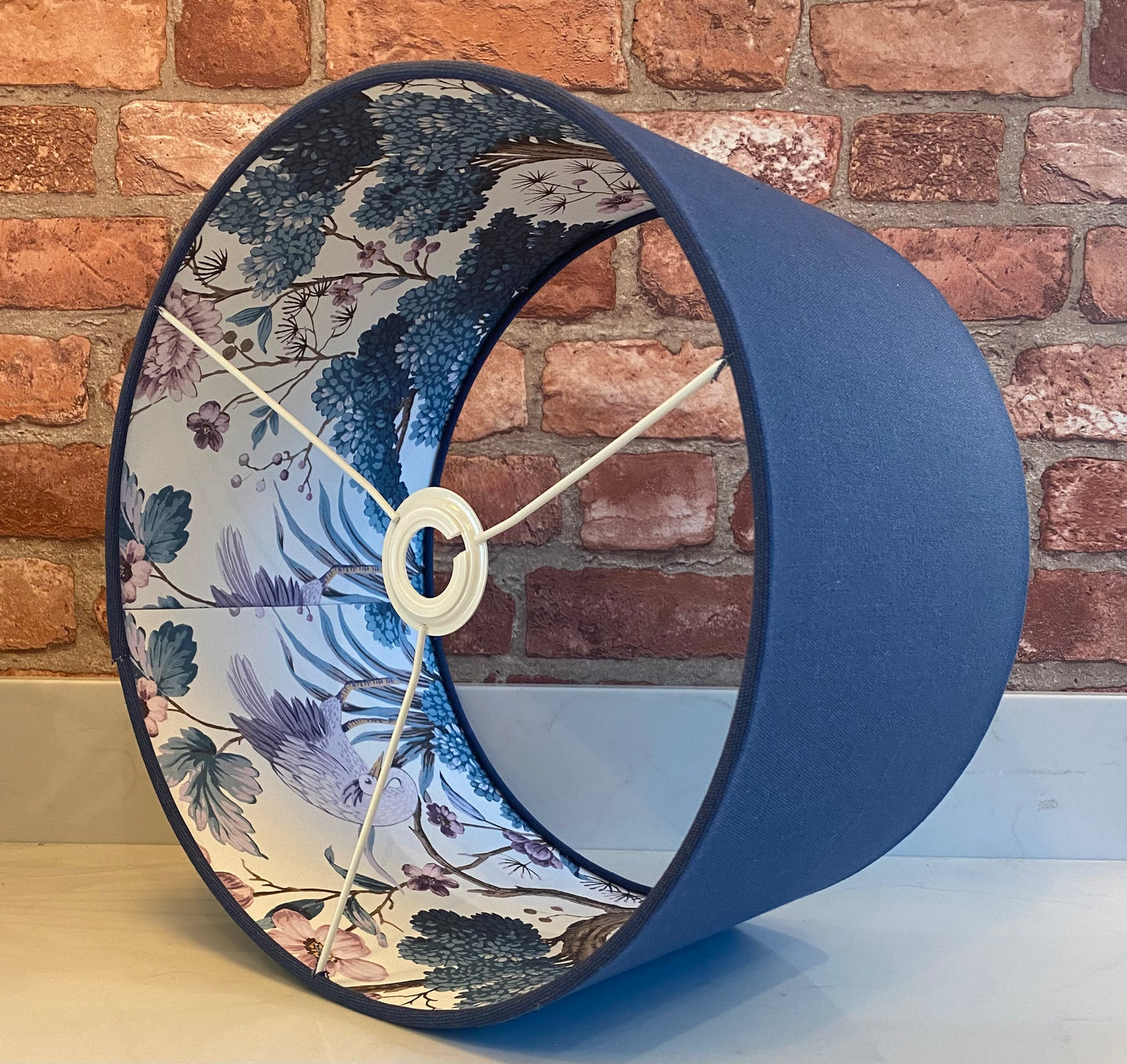 Dark Blue Linen Lampshade with Chinoiserie Bird Lining