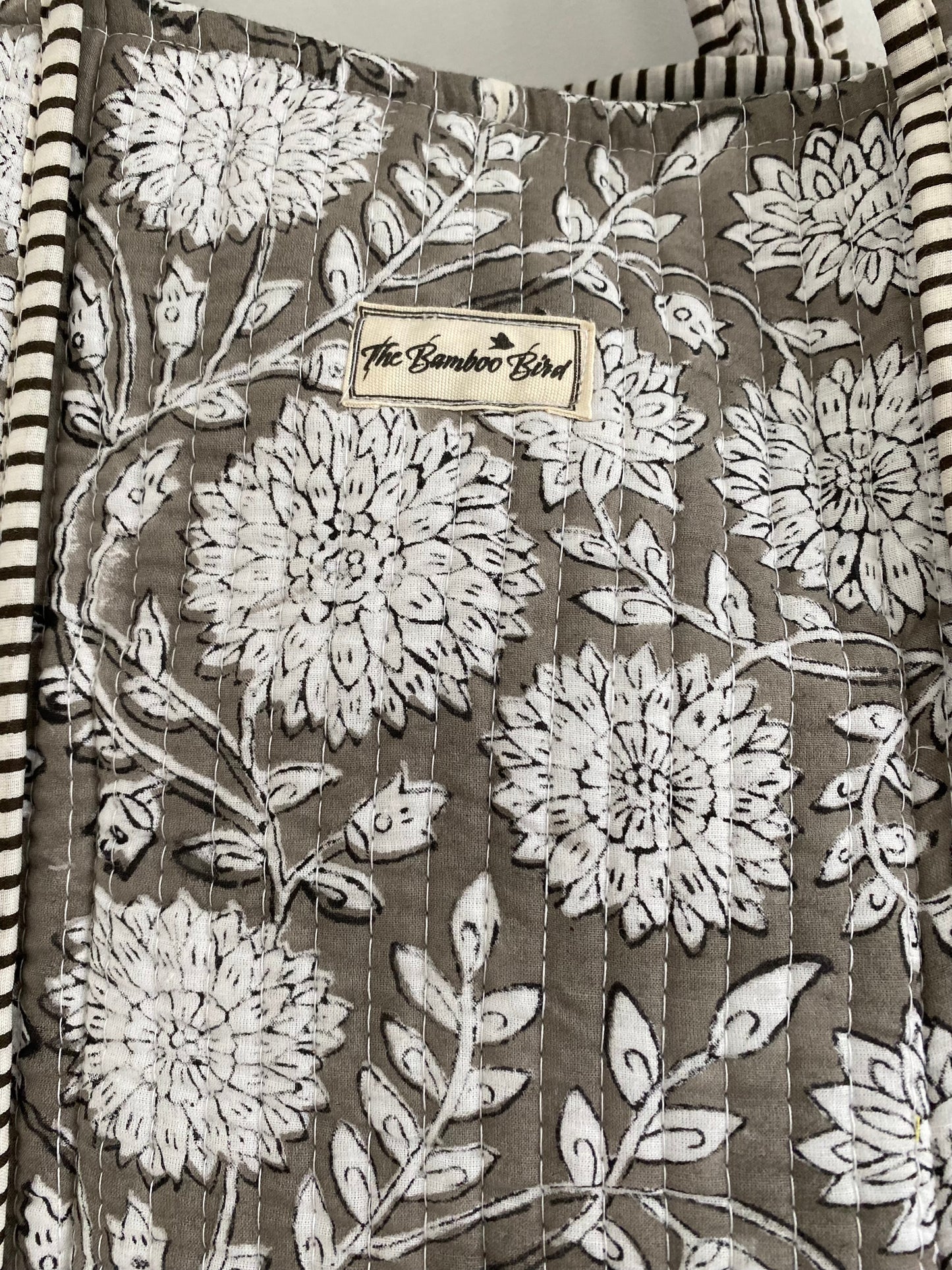 Grey Floral Quilted Tote Bag