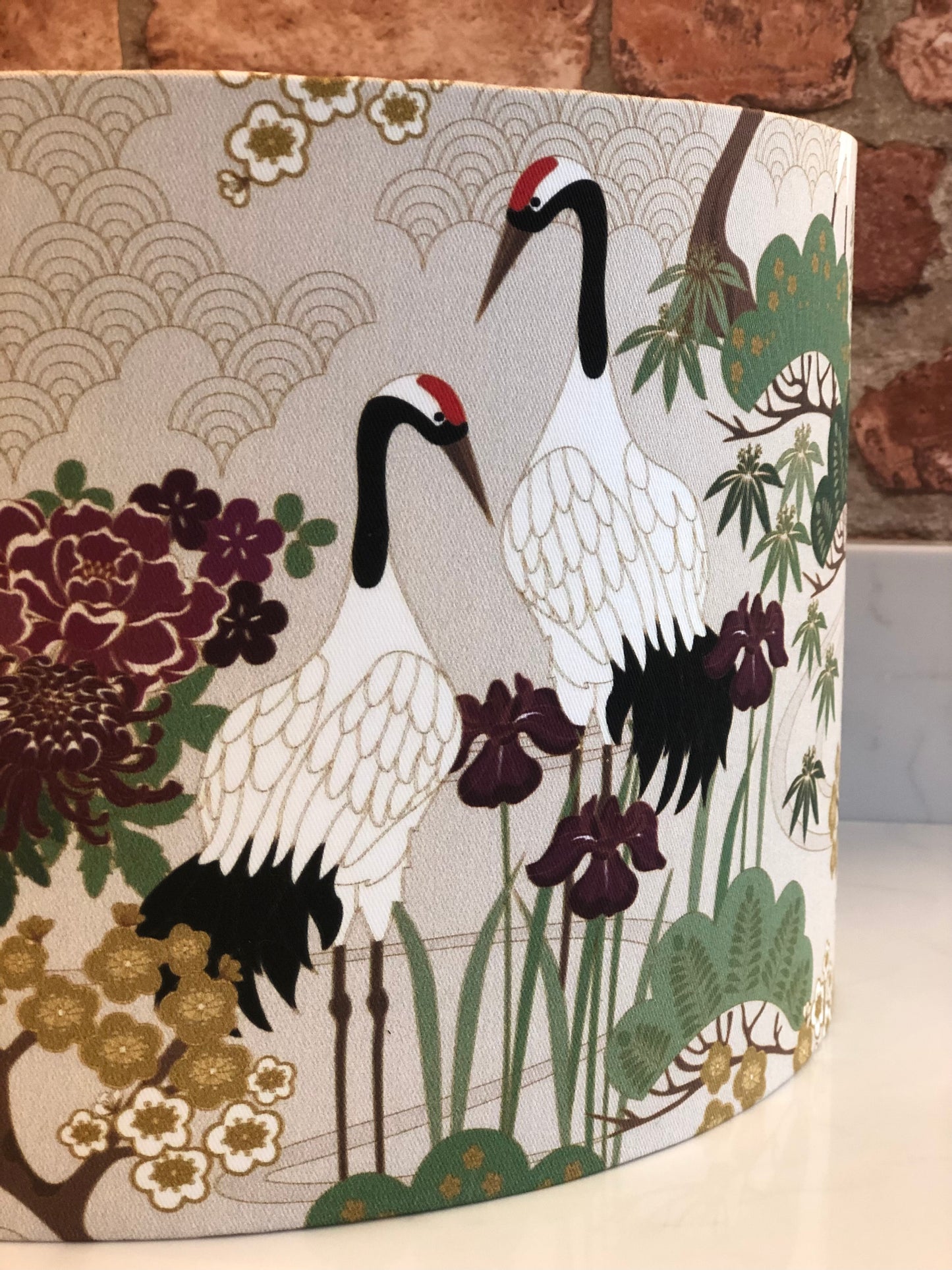 Green, Gold and Plum Japanese Crane and Cherry Blossom Lampshade
