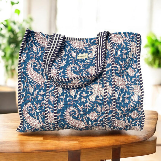 Blue Paisley Quilted Tote Bag