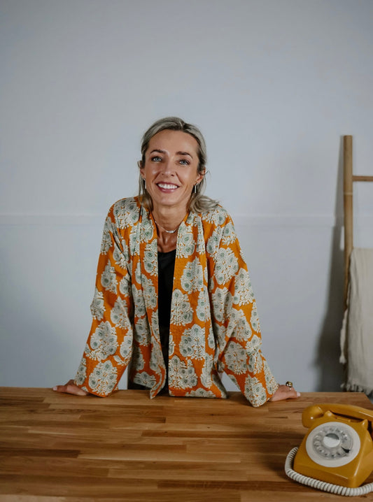 Mustard Yellow Block Print Kimono Jacket