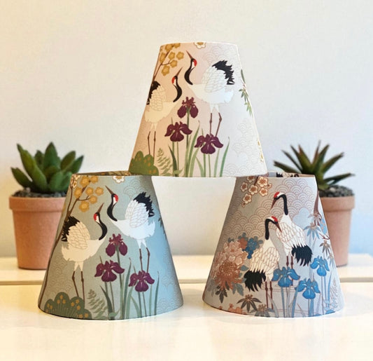 Clip-on Japanese Crane Lampshades in Blue/Grey, Sage and Cream/Plum for Wall Lights and Chandeliers