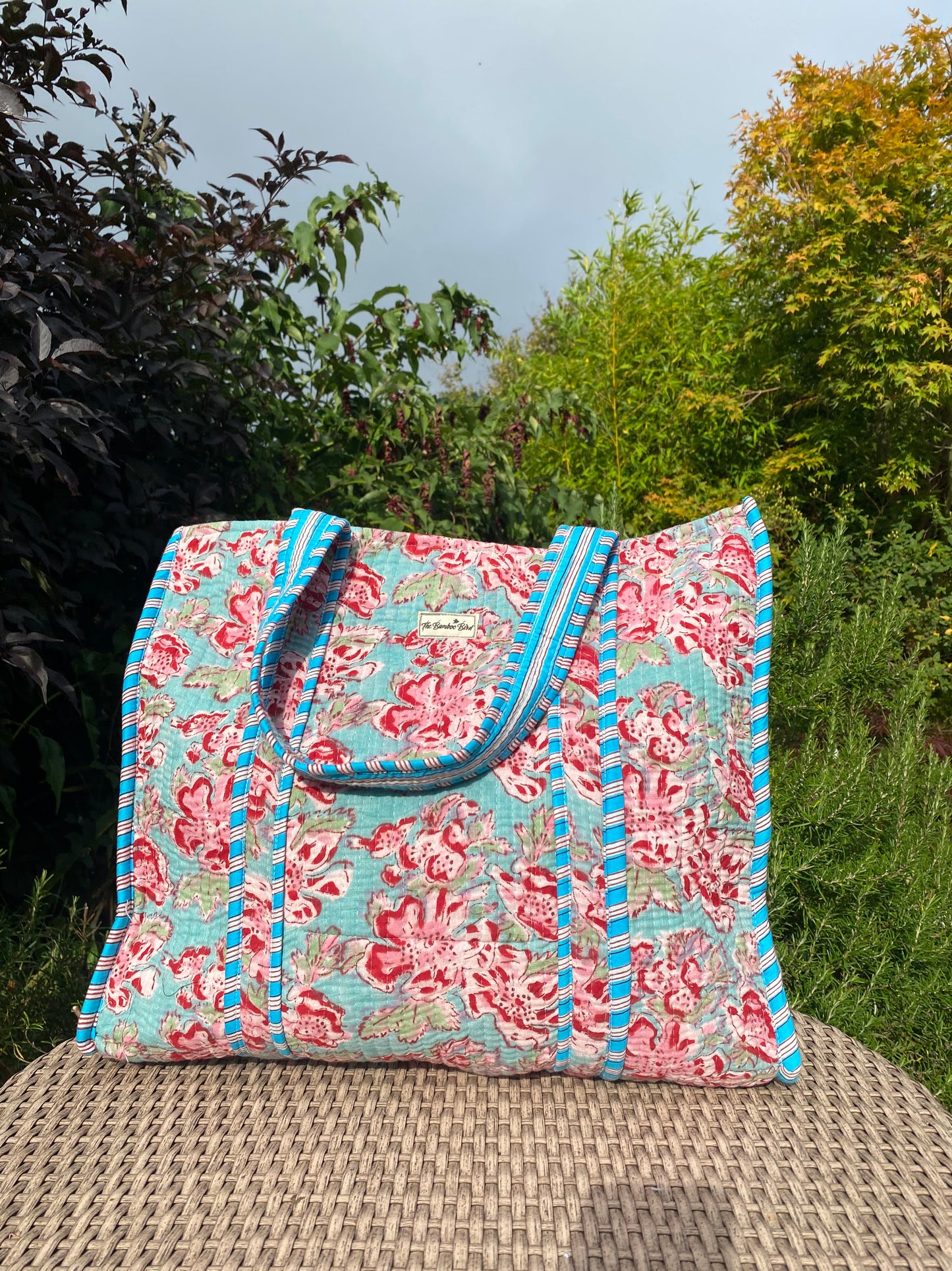 Turquoise and Pink Floral Quilted Tote Bag