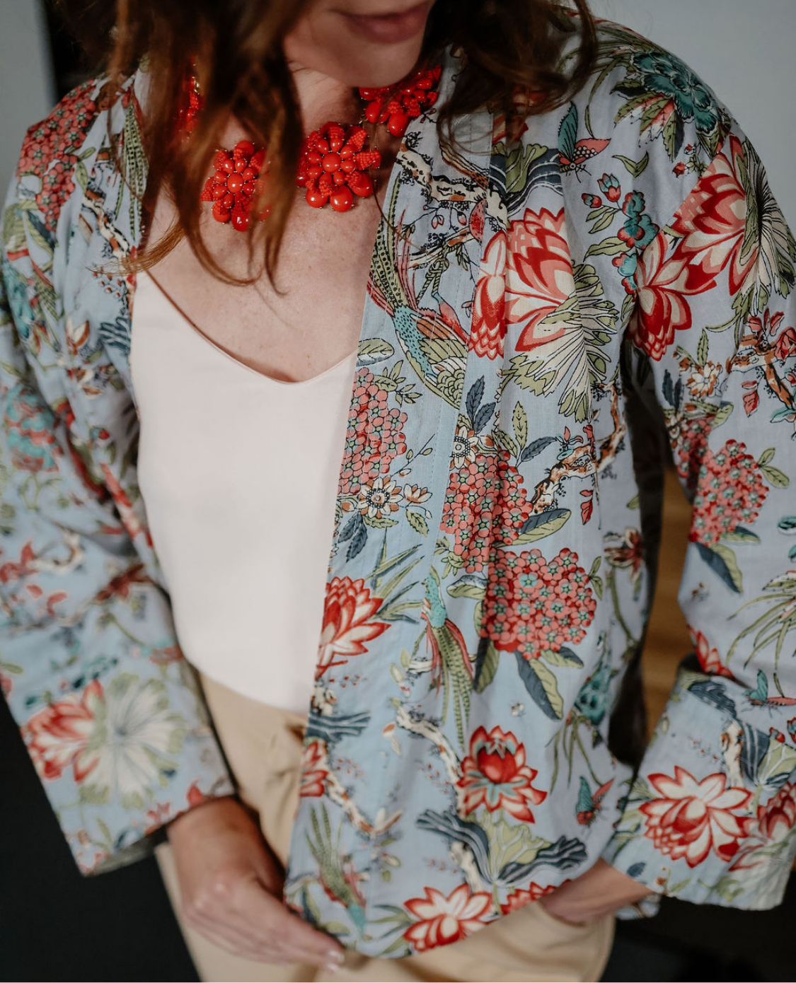Pale Blue Chinoiserie Kimono Jacket with Birds and Flowers