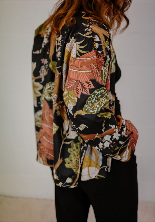 Black Kimono Jacket with Yellow and Green Flowers