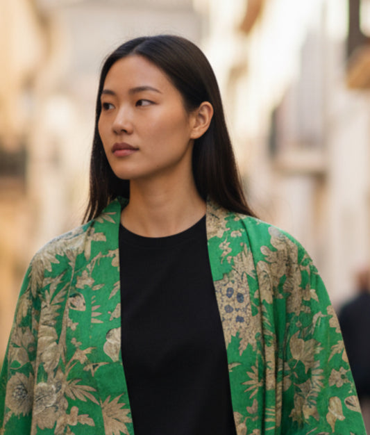 Emerald Green Kimono Jacket with Cream Flowers