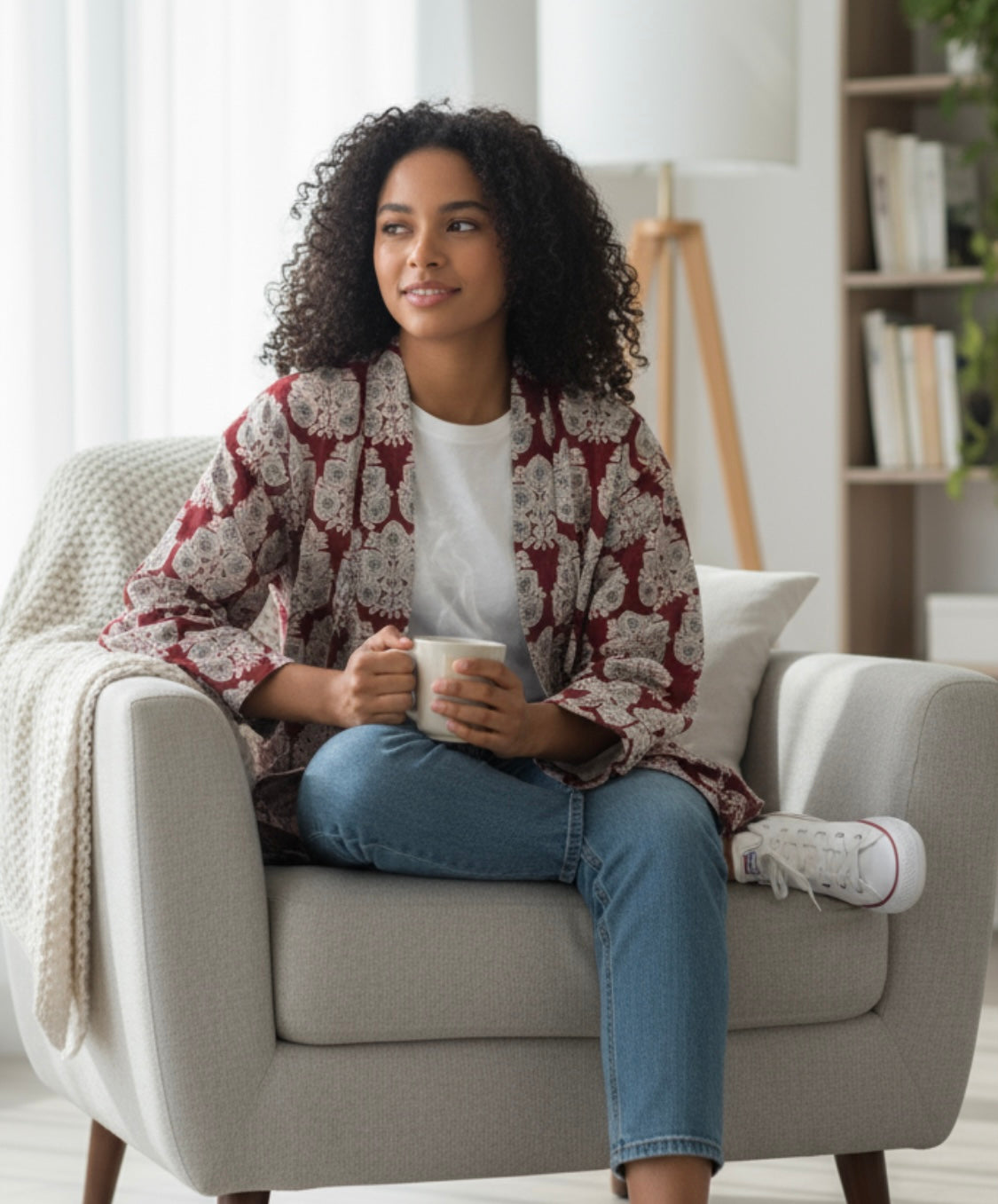 Maroon Red Block Print Kimono Jacket