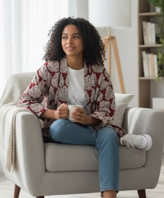 Maroon Red Block Print Kimono Jacket