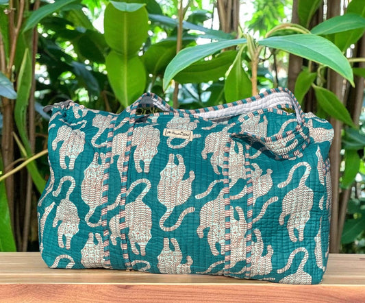 Turquoise Tiger Quilted Weekend Duffel Bag - Stylish Travel Bag | The Bamboo Bird