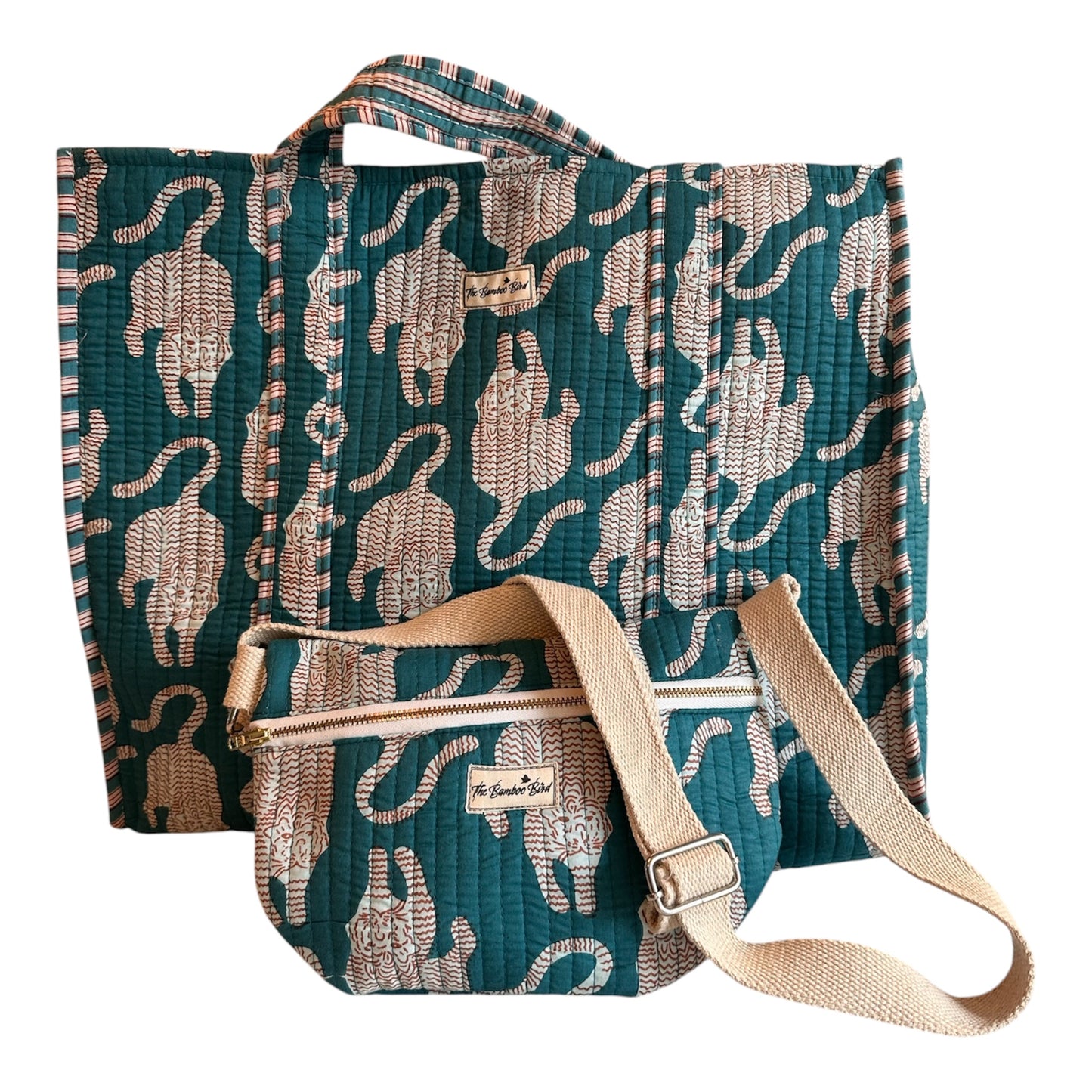 Turquoise Tiger Print Quilted Tote Bag - Stylish Everyday Handbag
