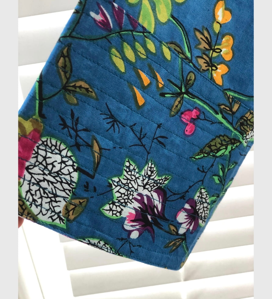 Cotton Kimono jacket in bright blue with yellow, pink and green flowers