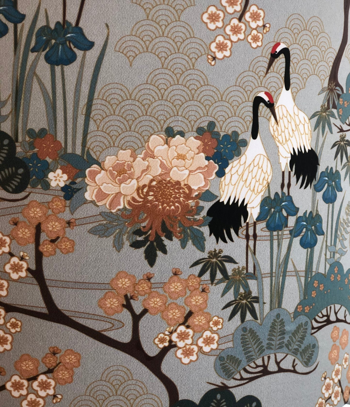 Silver Grey Japanese Crane and Cherry Blossom Lampshade