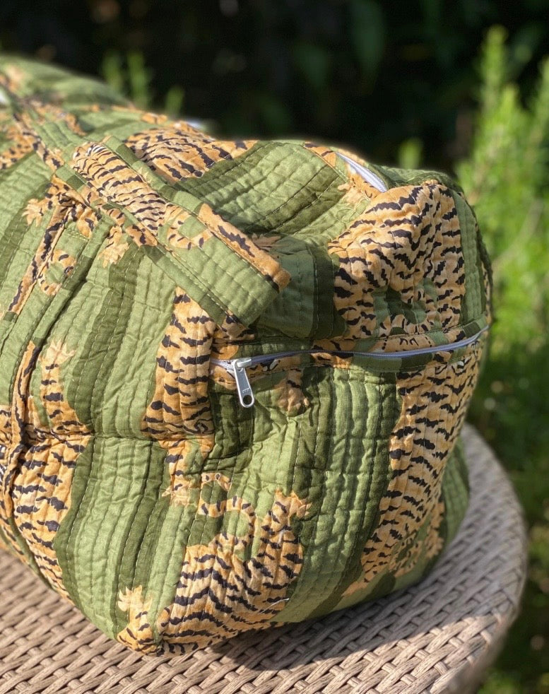 Green Tiger Quilted Weekend Duffel Bag - Stylish Travel Bag | The Bamboo Bird