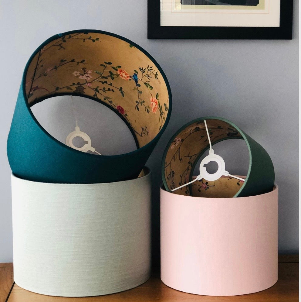 Eggshell Blue Lampshade with Gold Chinoiserie Bird Lining