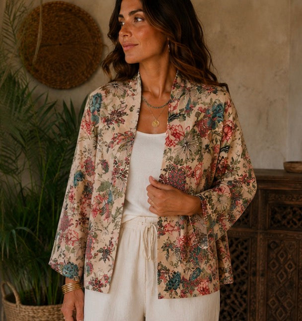 Pale Pink Chinoiserie Kimono Jacket with Birds and Flowers - Standard and Plus Size