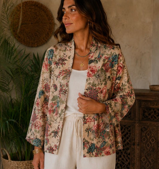 Pale Pink Chinoiserie Kimono Jacket with Birds and Flowers - Standard and Plus Size