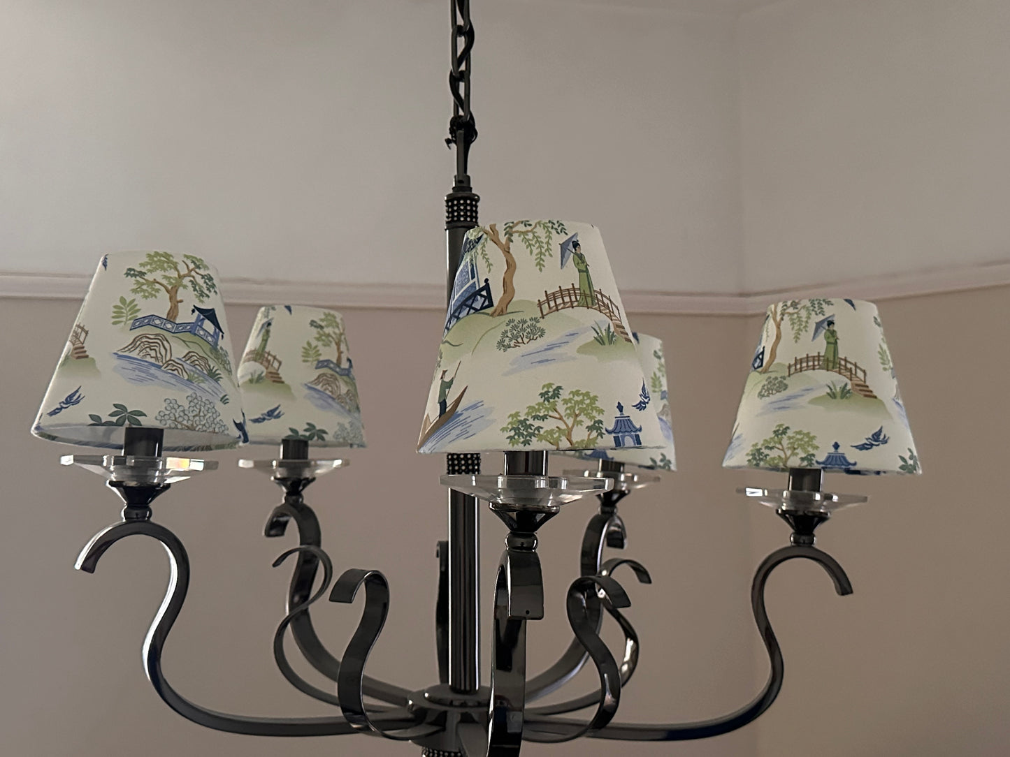 Clip-on Blue and Green Chinoiserie Crane Lampshade for Wall Lights, Chandeliers and Small Lamps