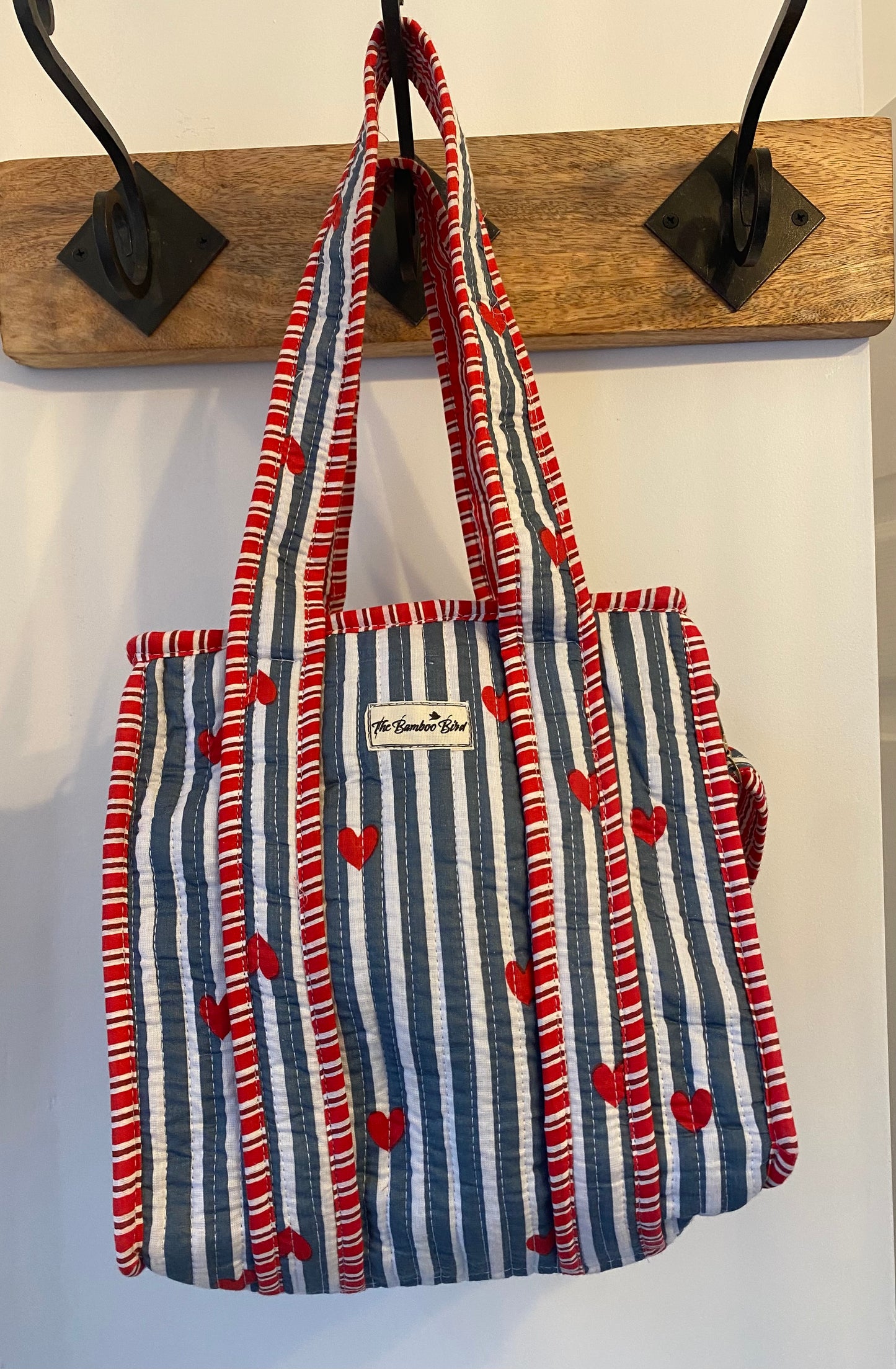 Mini Tote Bag - Blue and White Heart Stripe