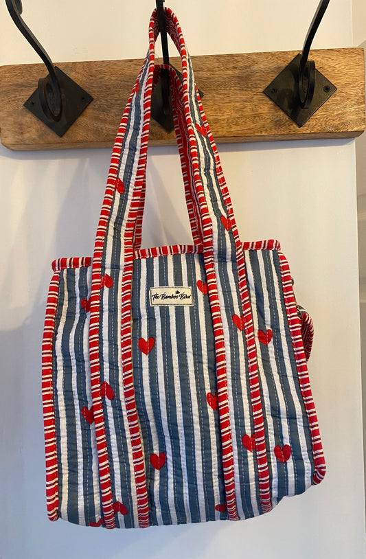 Mini Tote Bag - Blue and White Heart Stripe