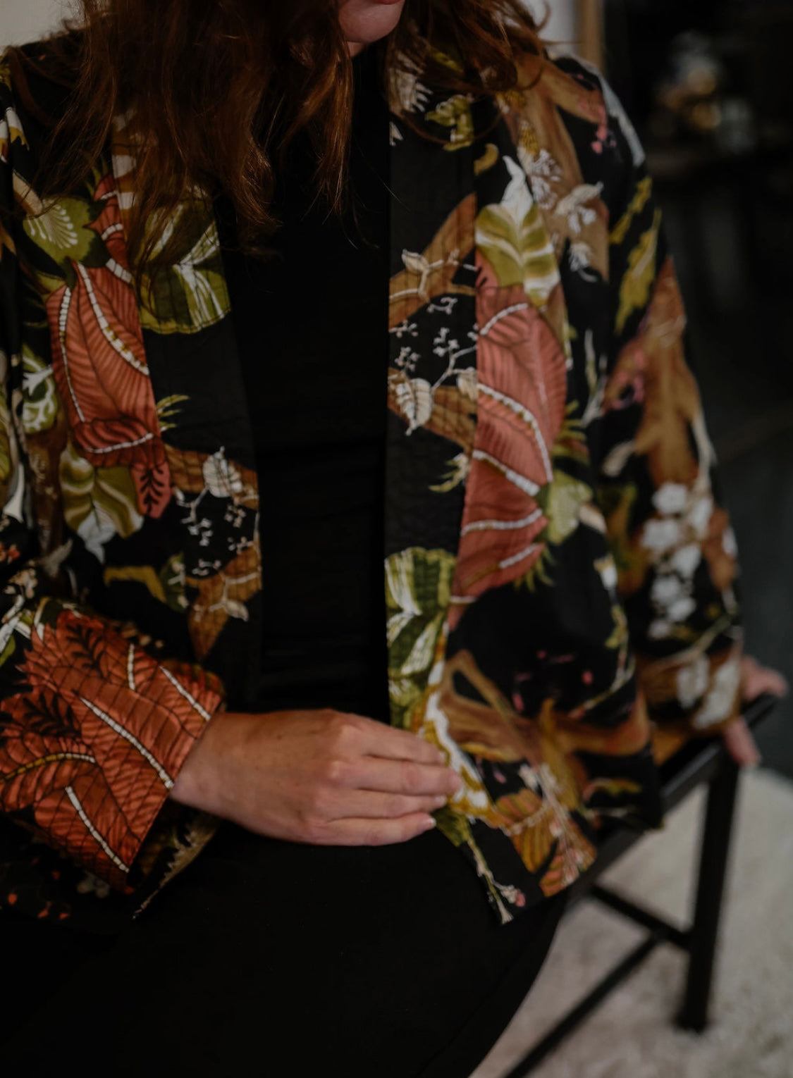 Black Kimono Jacket with Yellow and Green Flowers