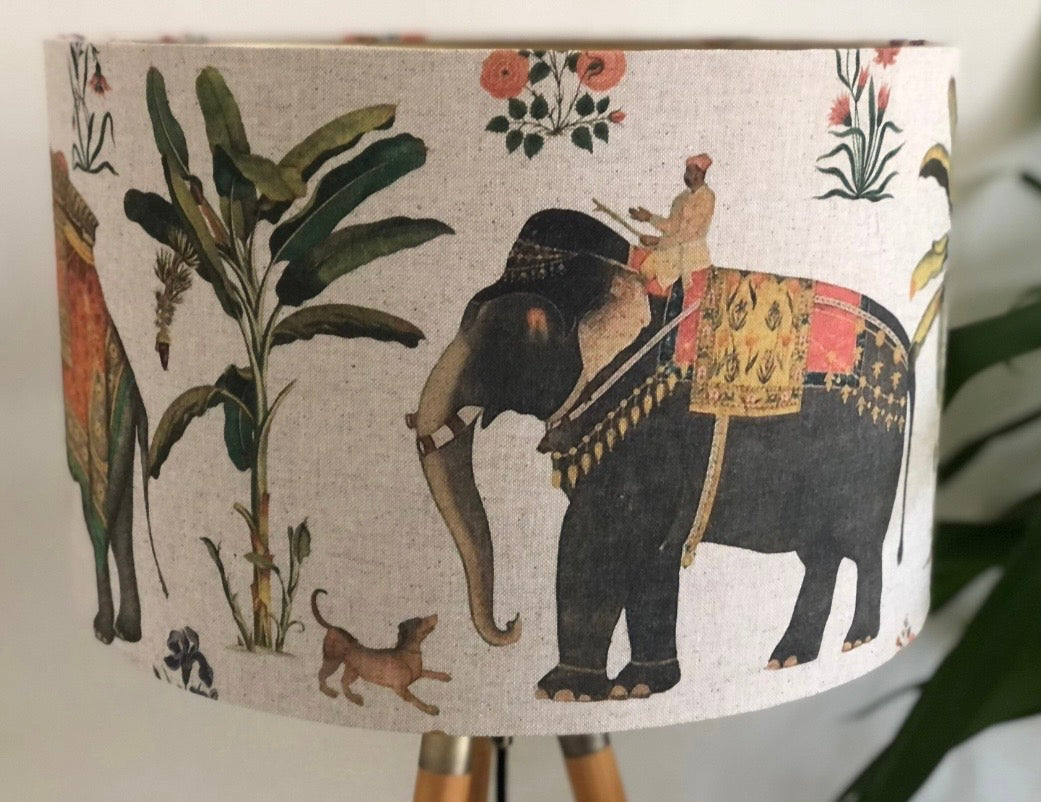 Indian Maharaja and Elephant Linen Drum Lampshade in Cream