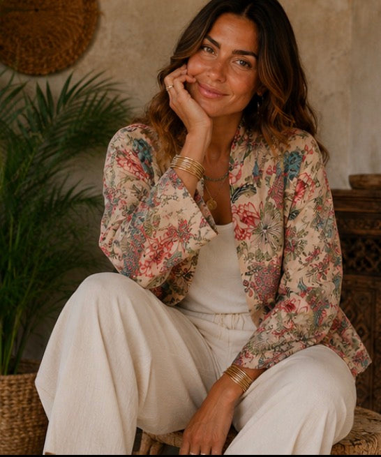 Pale Pink Chinoiserie Kimono Jacket with Birds and Flowers - Standard and Plus Size
