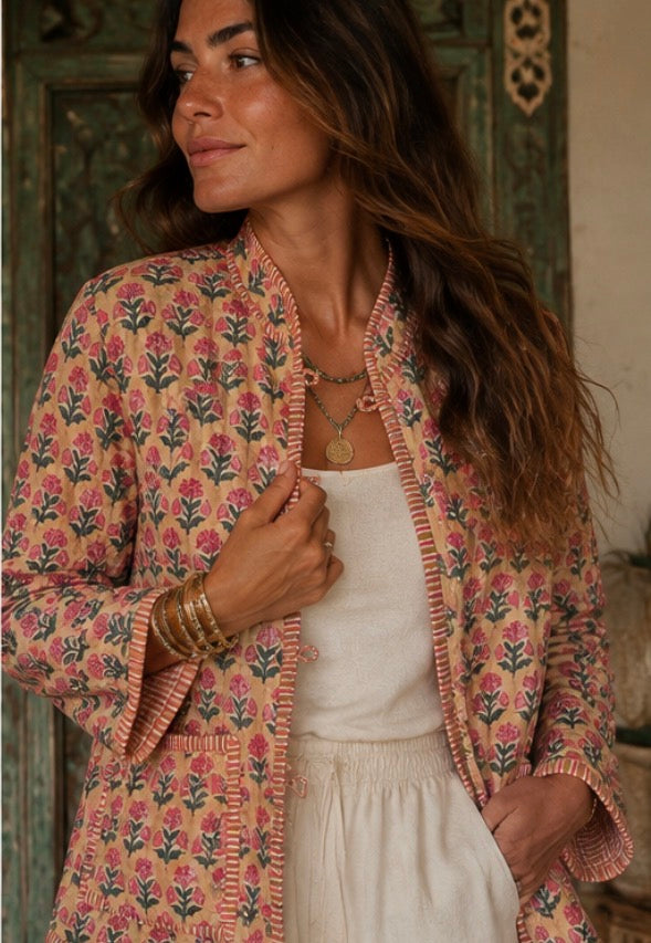 Floral Quilted Cotton Jacket - Pink and Golden Cream