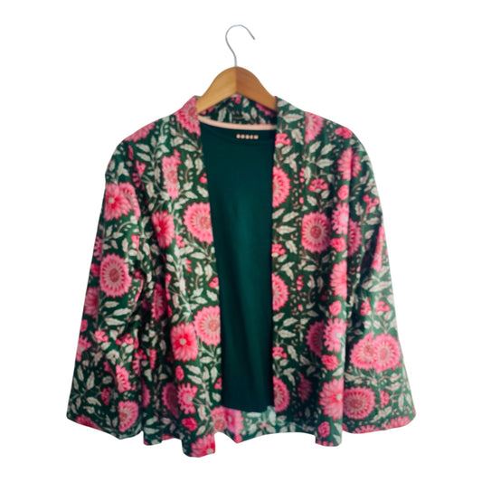 Cotton Kimono Jacket in Dark Green with Pink Flowers