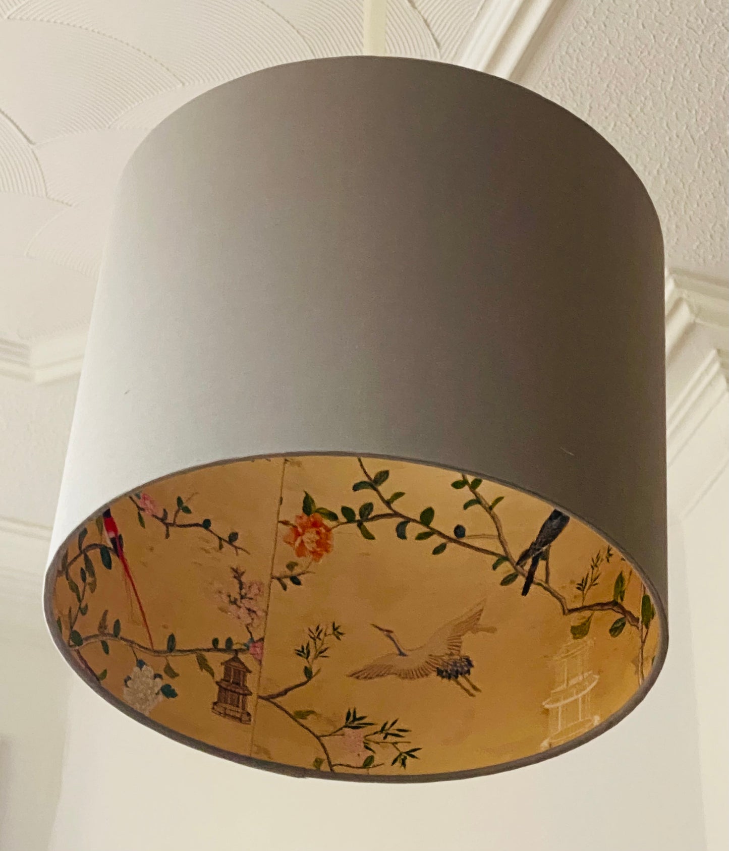 Grey Lampshade with Gold Chinoiserie Bird Lining