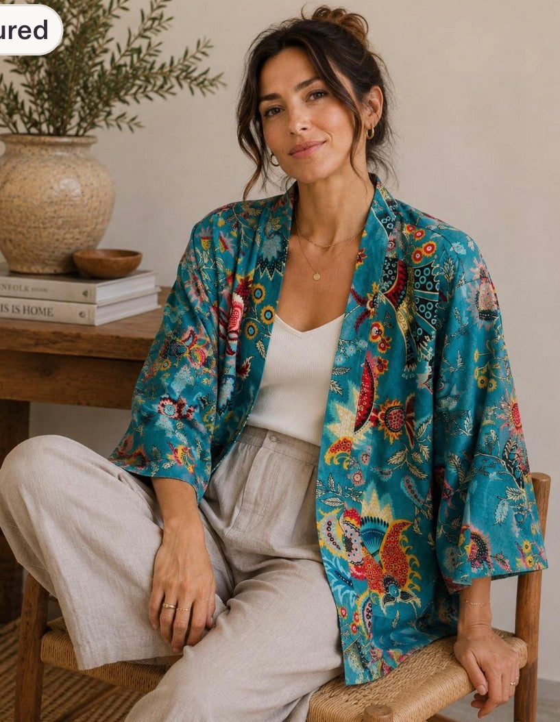 Cotton Kimono Jacket in Turquoise with Pink, Yellow and Blue Flowers - Standard and Plus Size