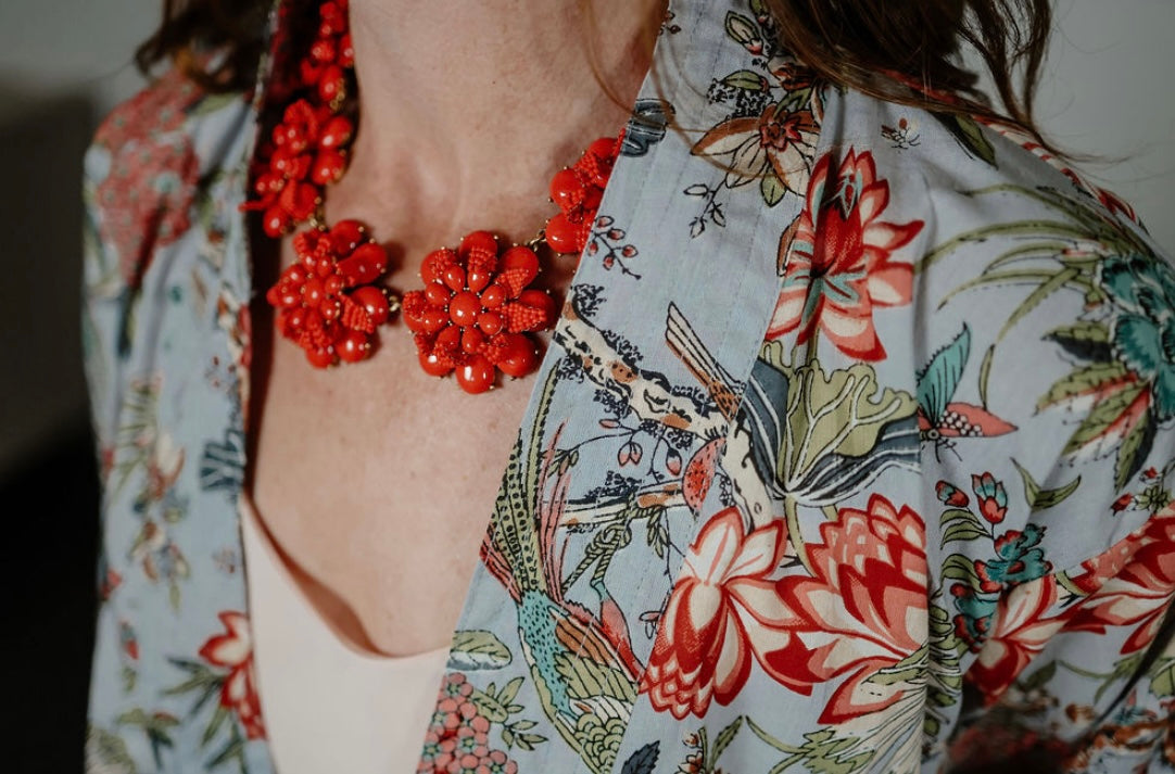 Pale Blue Chinoiserie Kimono Jacket with Birds and Flowers