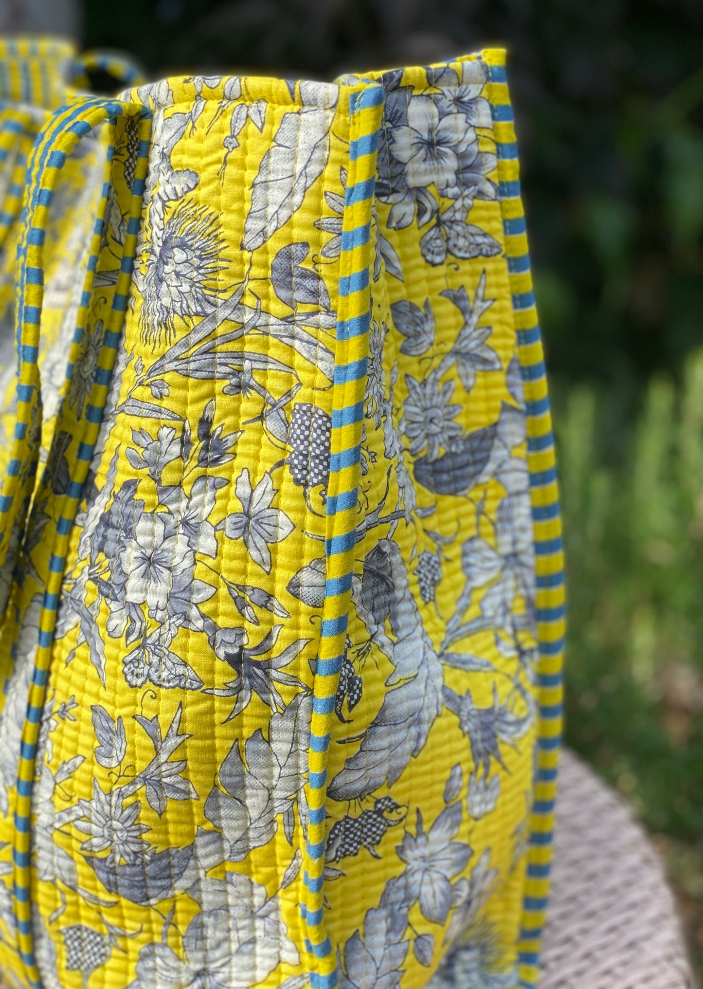 Bright Yellow and Grey Floral Quilted Tote Bag