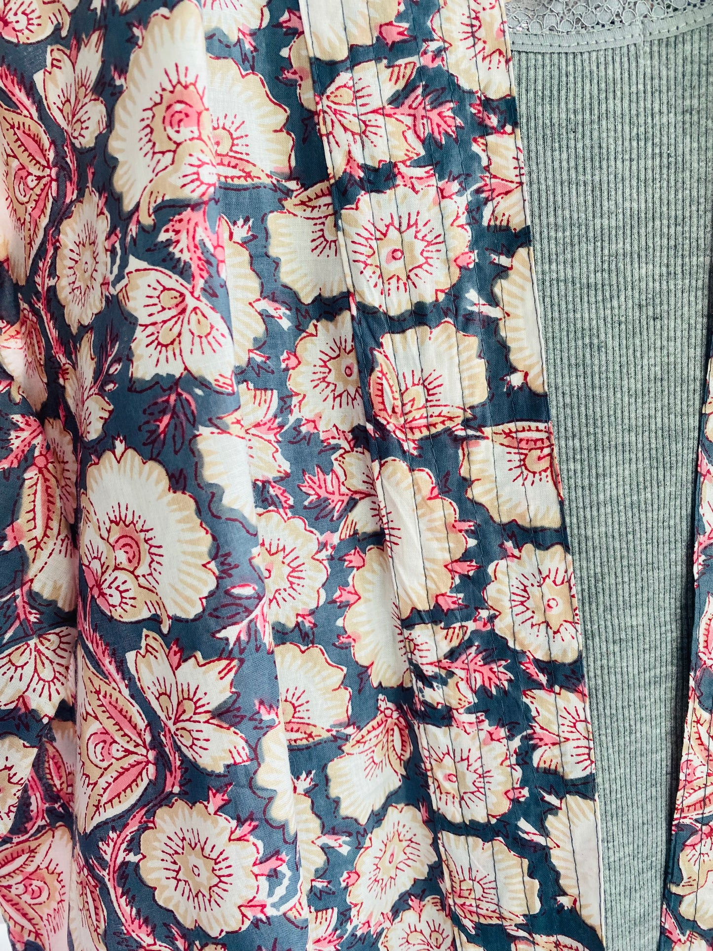 Cotton Kimono Jacket in Dark Blue with Pink Flowers