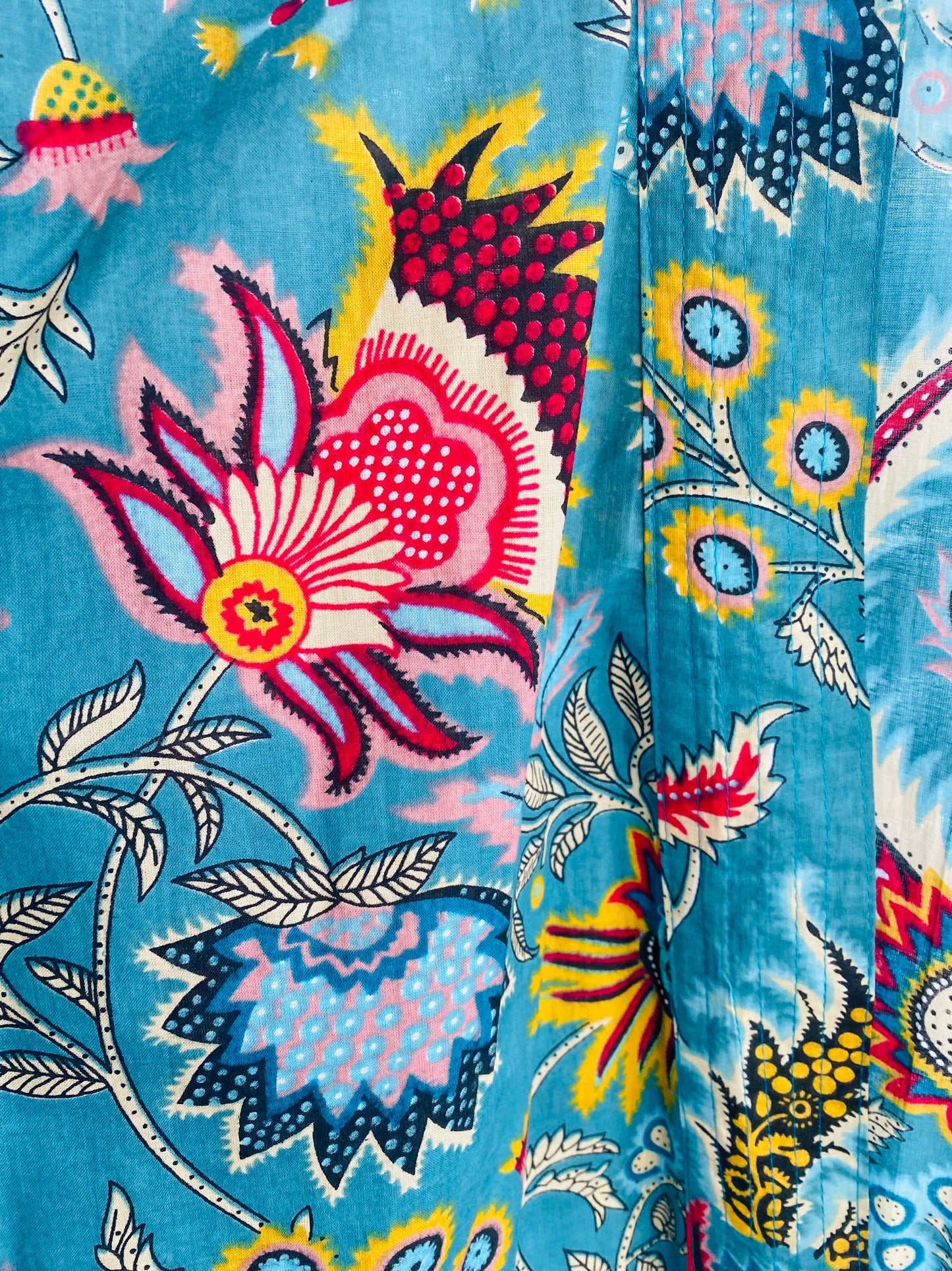 Cotton Kimono Jacket in Turquoise with Pink, Yellow and Blue Flowers