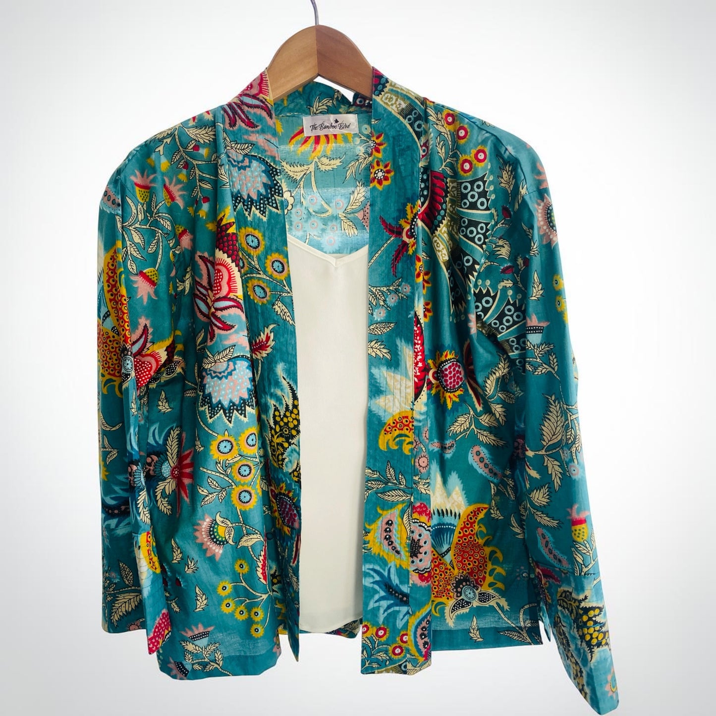 Cotton Kimono Jacket in Turquoise with Pink, Yellow and Blue Flowers