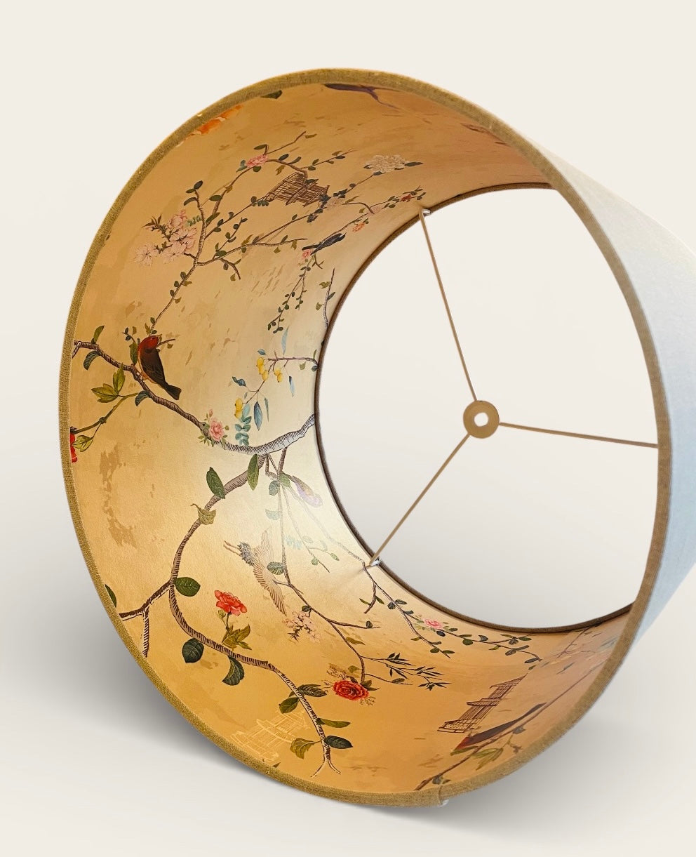Natural Linen Lampshade with Gold Chinoiserie Bird Lining