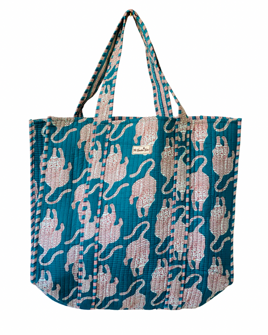 Turquoise Tiger Quilted Tote Bag - Stylish Everyday Handbag