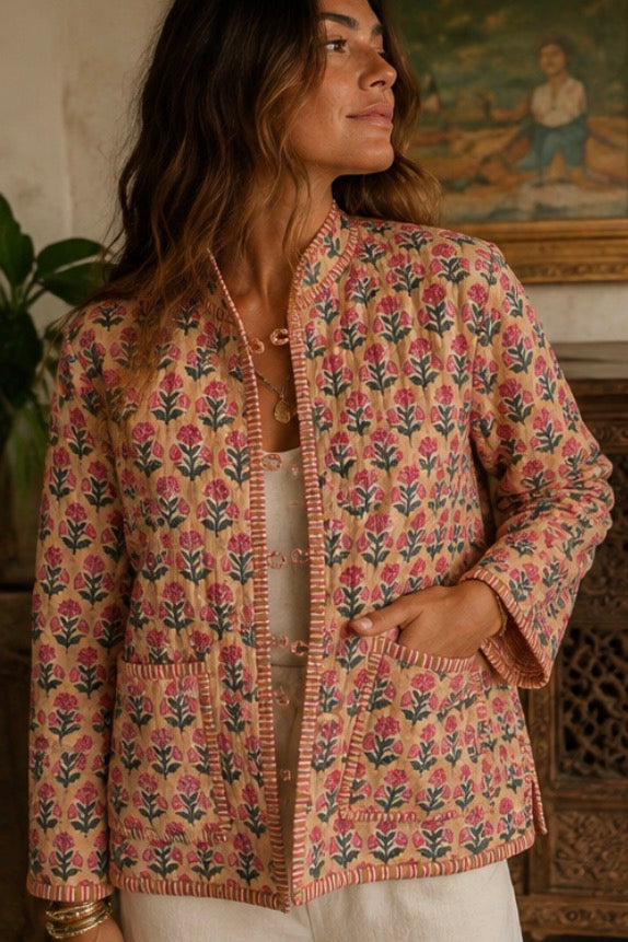 Floral Quilted Cotton Jacket - Pink and Golden Cream